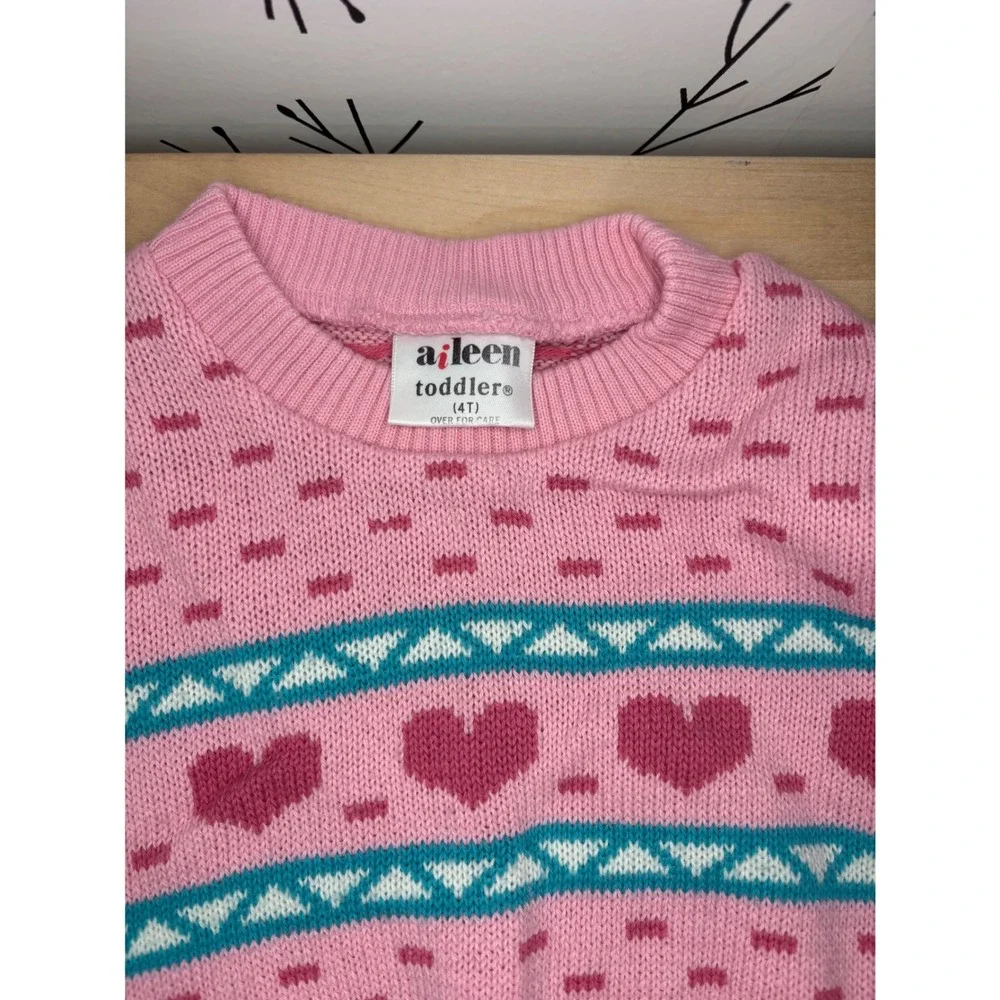 Vintage Aileen Toddler Pink Heart Fair Isle Knit Sweater & Wide Leg Pants Set 4T
